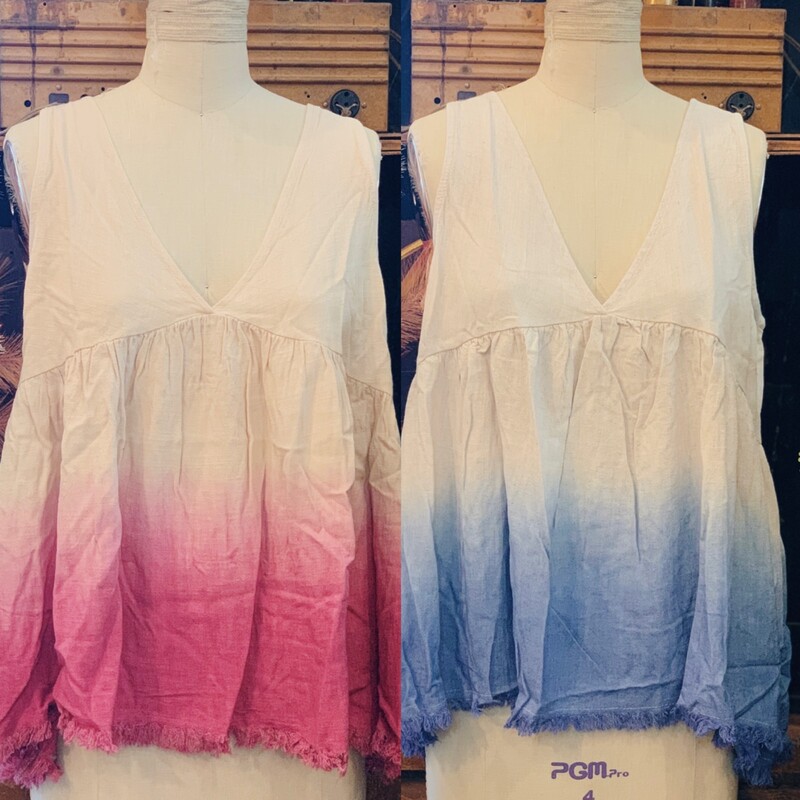 These fun tops are perfect for summer! These have a flattering plunging neck line and a dip died, frayed hem bottom!
Available in Blue or Pink