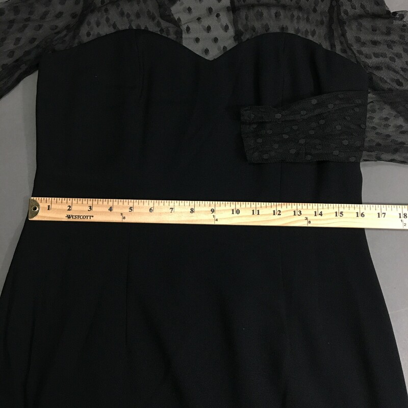 Carol Little, Black, Size: 8
No material tags or size tag. Polka dot lace long sleeves and shoulders, heart shaped neck line,acrylic blend fabric, tea length, fitted cut, back zip,  lined, cocktail dress.
This is estimated to fit a size 8.
Suggested dry clean only.
7.5 oz