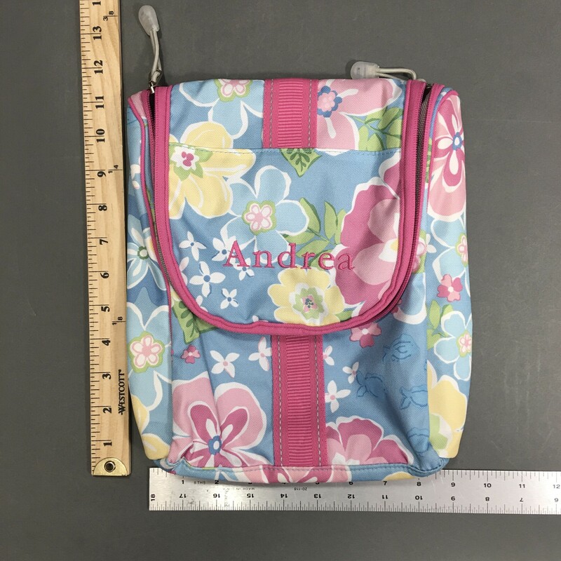 Pottery Barn Kids Toiletry, Pattern, Size: Small<br />
ANDREA  Eembroidered on front/ Pink and blue pattern flowers, zip close, hook and small mirror inside, one interior zip compartment, 3 separated net compartments.<br />
7.7 oz