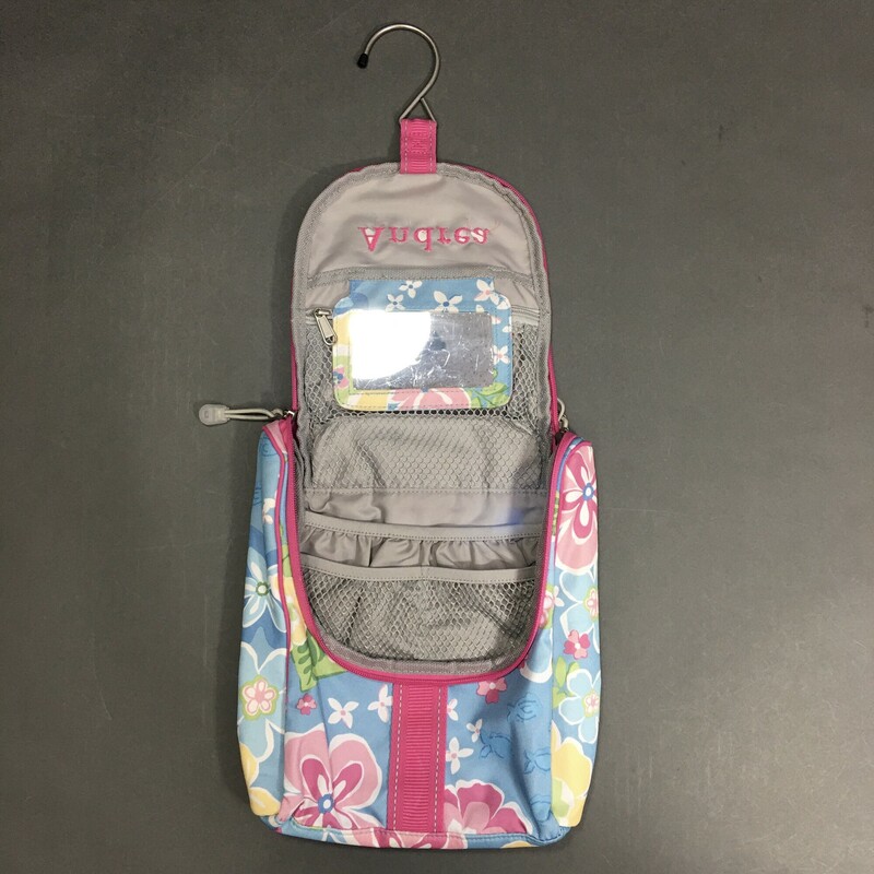 Pottery Barn Kids Toiletry, Pattern, Size: Small<br />
ANDREA  Eembroidered on front/ Pink and blue pattern flowers, zip close, hook and small mirror inside, one interior zip compartment, 3 separated net compartments.<br />
7.7 oz
