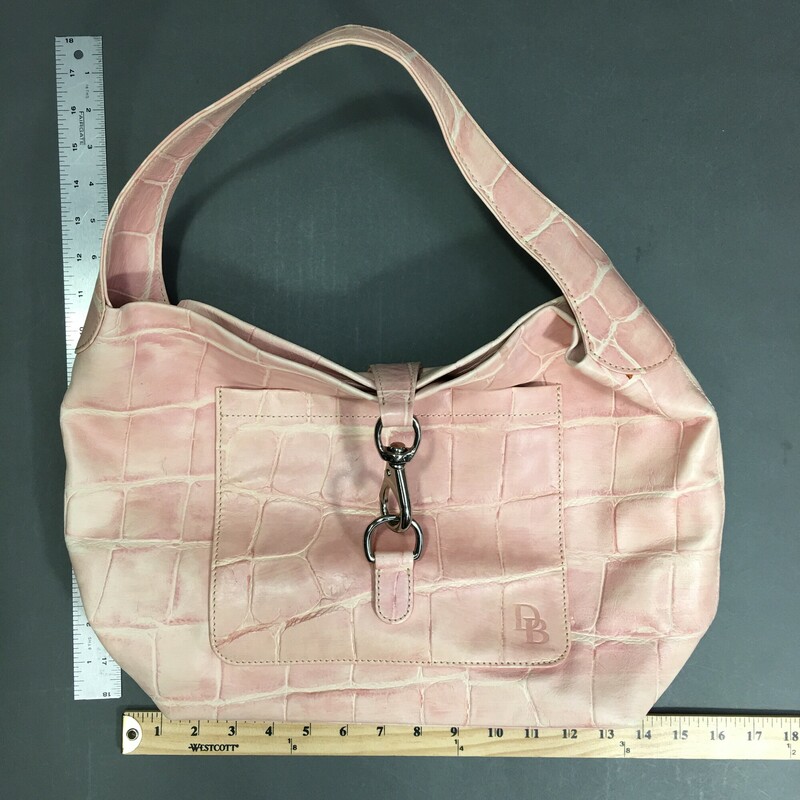 Dooney & Bourke, light pink/seashell color , Size: Medium<br />
<br />
Dooney and Bourke, pale pink/peach crocodile embossed leather, top handle, hobo style shoulder bag open top with a large chrome hardware closure over an exterior front pocket. Interior has zip pocket, and leather strip with latch.<br />
<br />
1 lb 9.3 oz