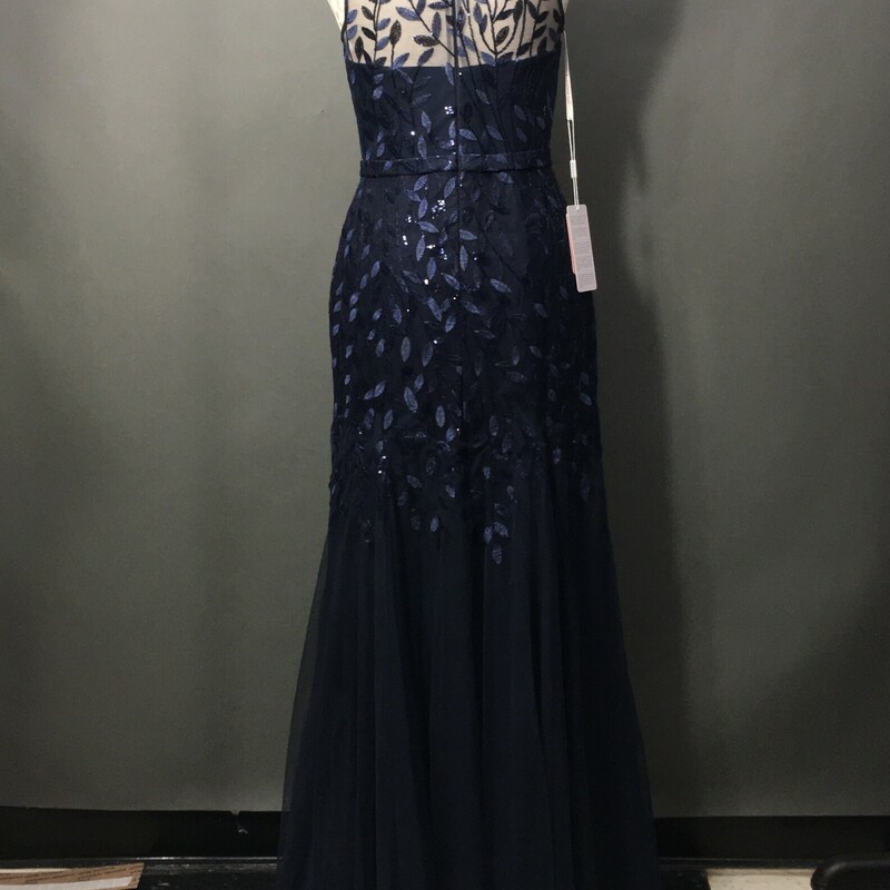 JJs House, Navy, Size: 6 New with tags<br />
US suze 6, UK 10, EU38<br />
Bust 34.50 Waist 27.50 ID 147962<br />
<br />
Silhouette: Sheath/Column<br />
Neckline: V-neck<br />
Length: Floor-Length<br />
Embellishment: Sequins<br />
Fabric: Tulle<br />
Straps: Regular Straps<br />
Sleeve: Sleeveless<br />
Back Style: Zipper Up<br />
Fully Lined: Yes<br />
Built-In Bra: Yes<br />
Boning: Yes<br />
Shown Color: Dark Navy<br />
Size: 6<br />
Season: Winter, Spring, Summer, Fall