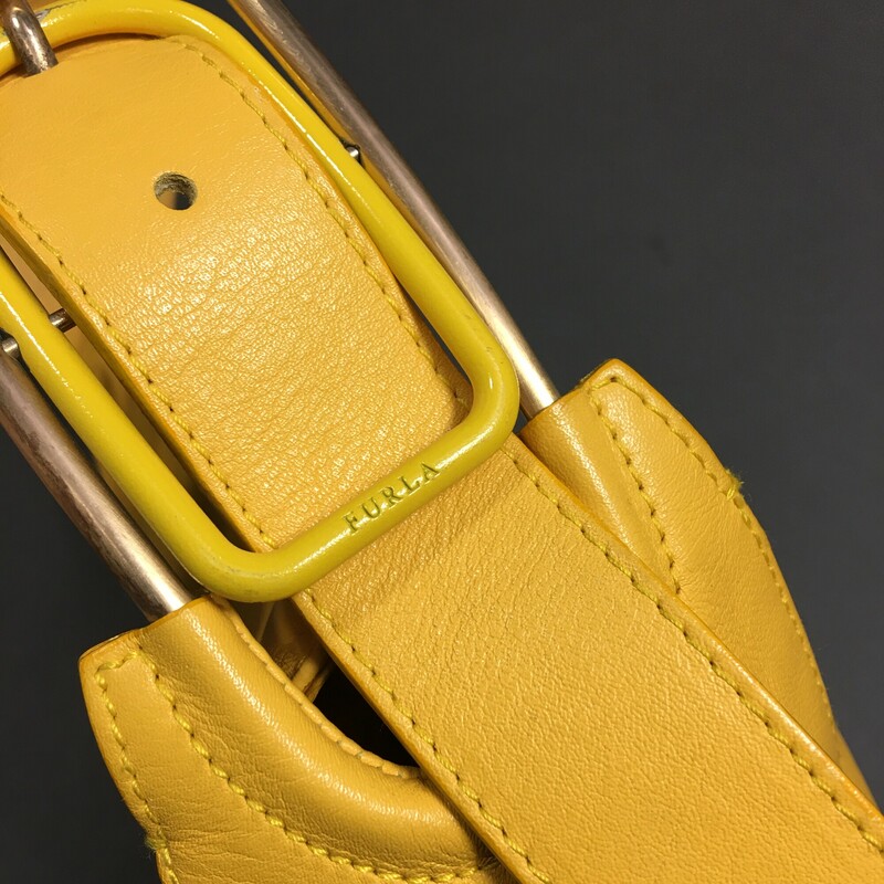 Furla Hobo Bag, Canary, Size: Medium Made in Italy leather shoulder bag, top zip and interior zip pocket, nice brass hardware buckle, one enamel yellow buckle.<br />
very nice condition<br />
<br />
14.8 oz