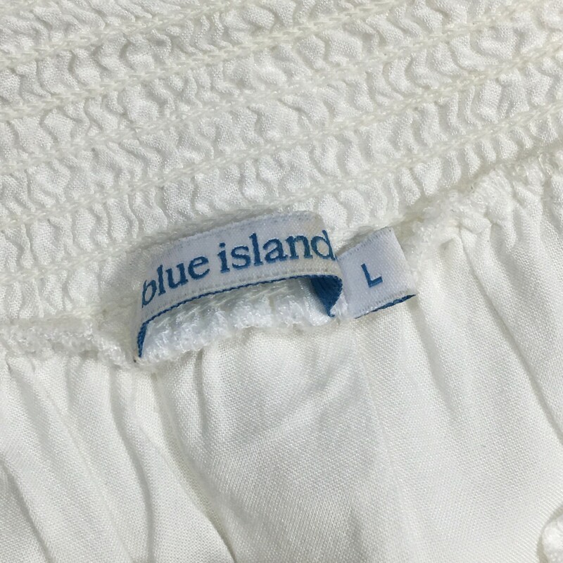 Blue Island Cover Up, White, Size: Large. Wide Lace pattern trim and inset on 3/4 sleeves. Elastic neckline can be worn off the shoulder, elastic on sleeves. No fabric tags.

7.6 oz