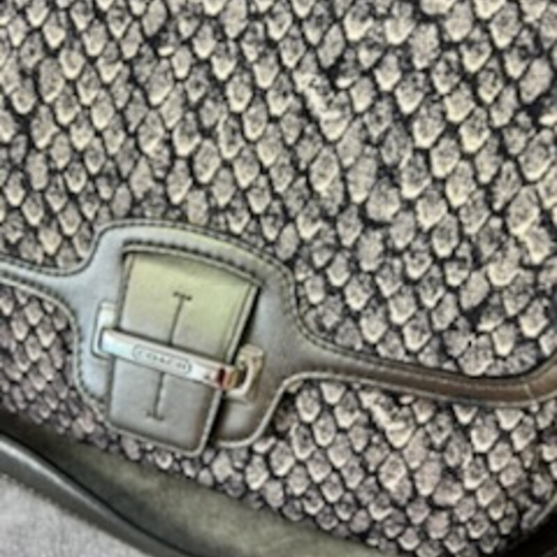 Coach<br />
TAYLOR PYTHON PRINT FLAP SHOULDER CROSSBODY BAG<br />
Snake print fabric with metallic leather trim<br />
Inside zip and multi function pockets<br />
Snap closure, fabric lining<br />
Outside open pocket<br />
Handle with 4 1/4\" drop<br />
Longer strap for shoulder or cross body wear<br />
9 1/4\" (L) x 6 3/4\" (H) x 2 3/4\" (W)<br />
comes with Original Dust cover.<br />
In beautiful condition and light weight to carry.