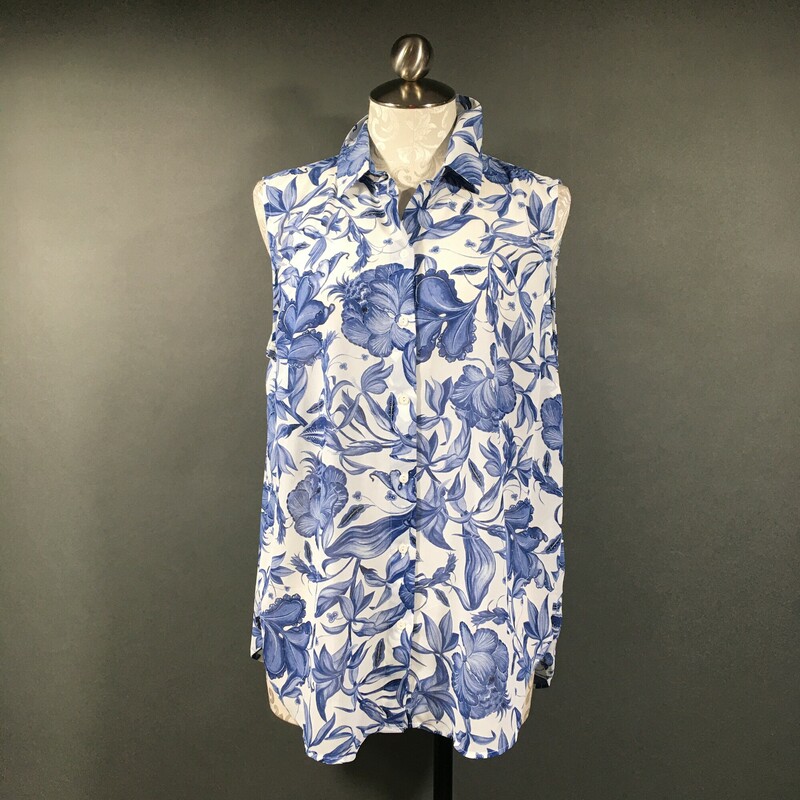 H&M Sleeveless Sheer, Floral, Size: 10 navy blue floral pattern, button up front, collar, 100% polyester.
Made in Indonesia
3.7 oz