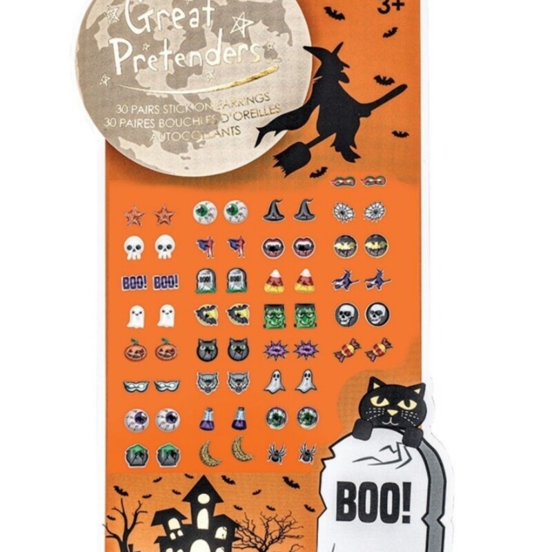 Spooky Halloween stick on earrings to compliment any costume. These stick-on earrings let you wear a new pair every day of the month. Designs include pumpkins, skulls, ghosts, and more! 30 pairs in the package.
