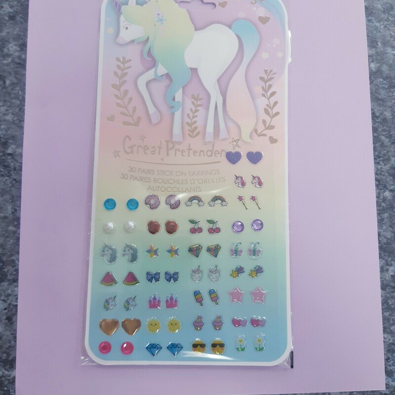 These earrings are for the unicorn lover in your life. 30 pairs of stick-on earrings! A different pair every day of the month. Achieve the pierced ear look without having your ears pierced with our NEW unicorn-themed earrings.