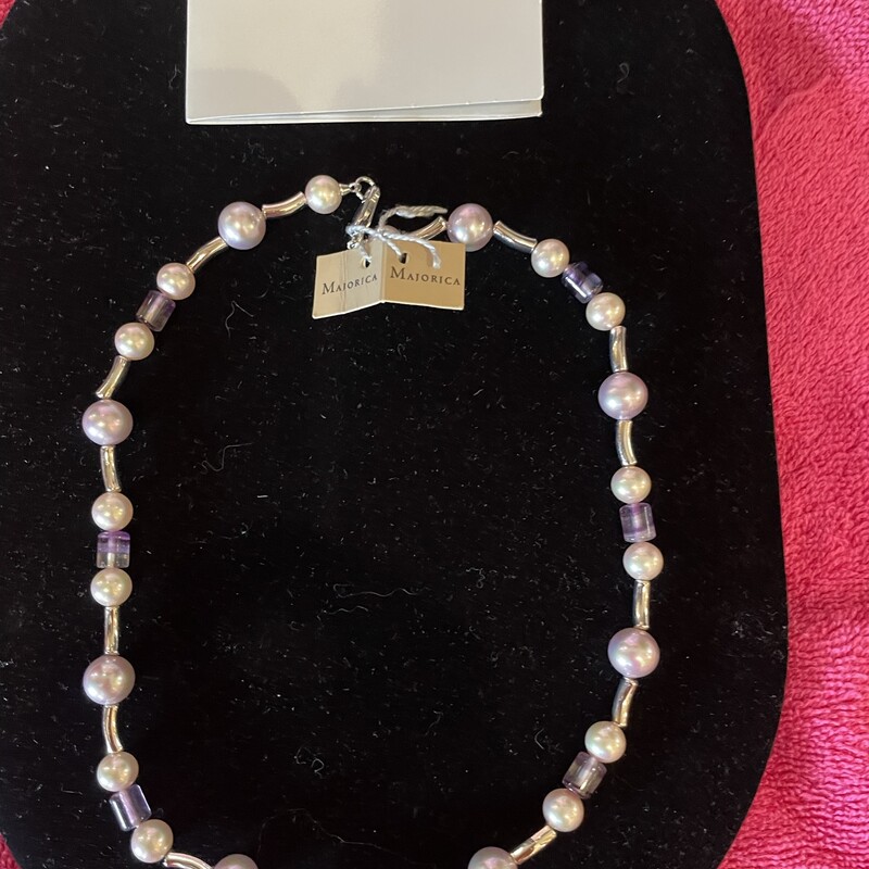Majorica Pearl Necklace, Pearl/puple stones, Size: 16 Inch.  The pearls have a pink/lavender hue to them.