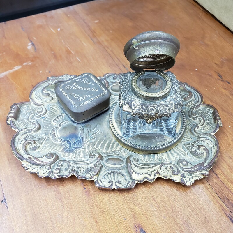 Desk Tray & Ink Bottle, Brass  W/ Stamp holder