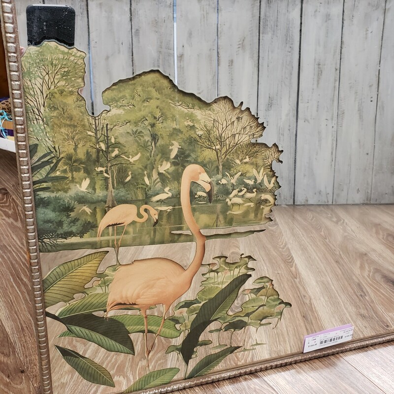 MCM Flamingo Mirror designed by Robert Stern. In good condition with a little wear and pitting in the glass. Size: 30.5x20.5