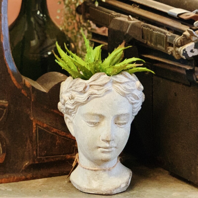 These miniature goddess head cement planters are gorgeous! They measure 6.5 inches tall by 5 inches wide, which makes them the perfect little size to brighten any small space that needs an extra touch!