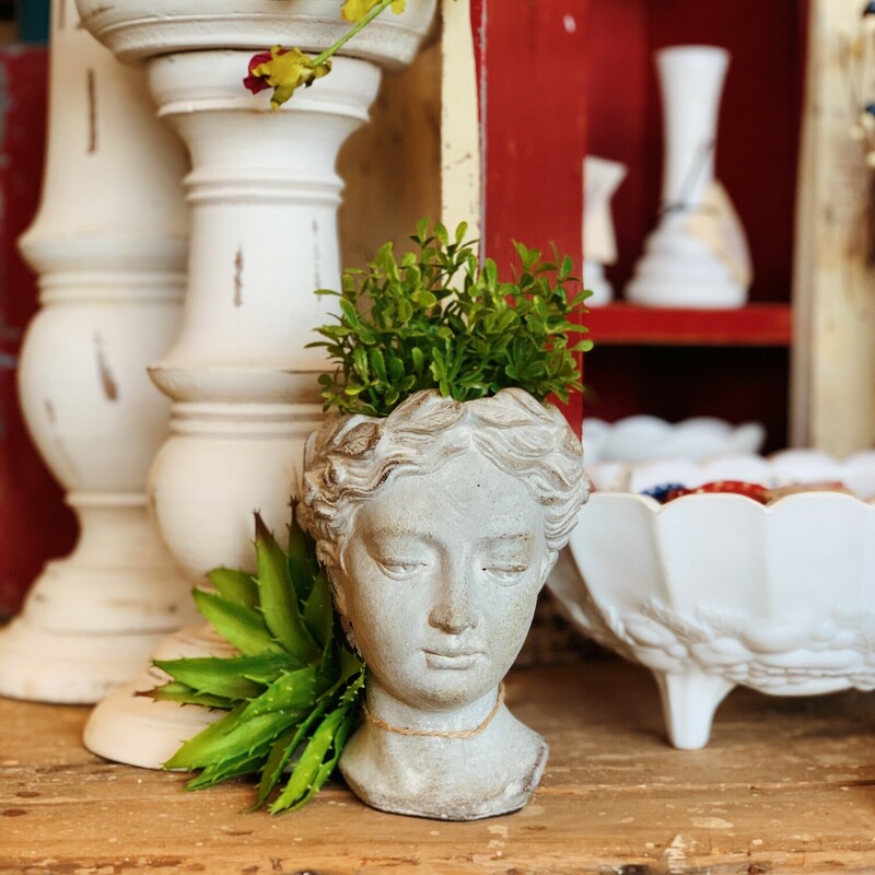 These miniature goddess head cement planters are gorgeous! They measure 6.5 inches tall by 5 inches wide, which makes them the perfect little size to brighten any small space that needs an extra touch!