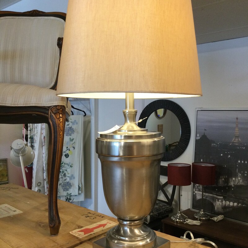 Table Lamp With Taupe Shade
Silver Metal Base With Taupe Shade
Size: 28 In