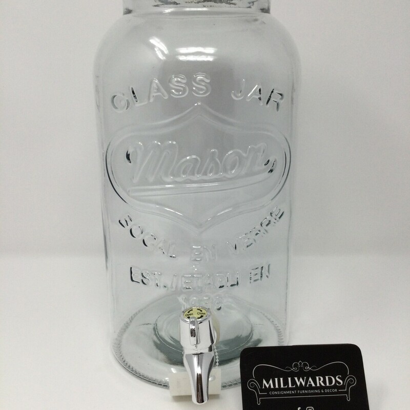 Giant Mason Jar With Tap
Clear & Silver
Size: 12 In