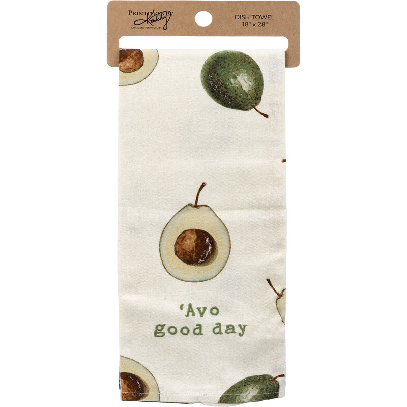 Avo Good Day Towel, A cotton linen blend kitchen towel featuring all-over retro style avocado designs and punny embroidered 'Avo Good Day sentiment. Features a cotton tape loop in the corner for easy hanging. Machine-washable. Towel is packaged on a cardboard hanger with a hole to easily hang on rack.
Dimensions: 18 x 28
Material: Cotton, Linen
UPC:: 190134089788
Artist:: Annie Schickel
Product Text:: AVO GOOD DAY
