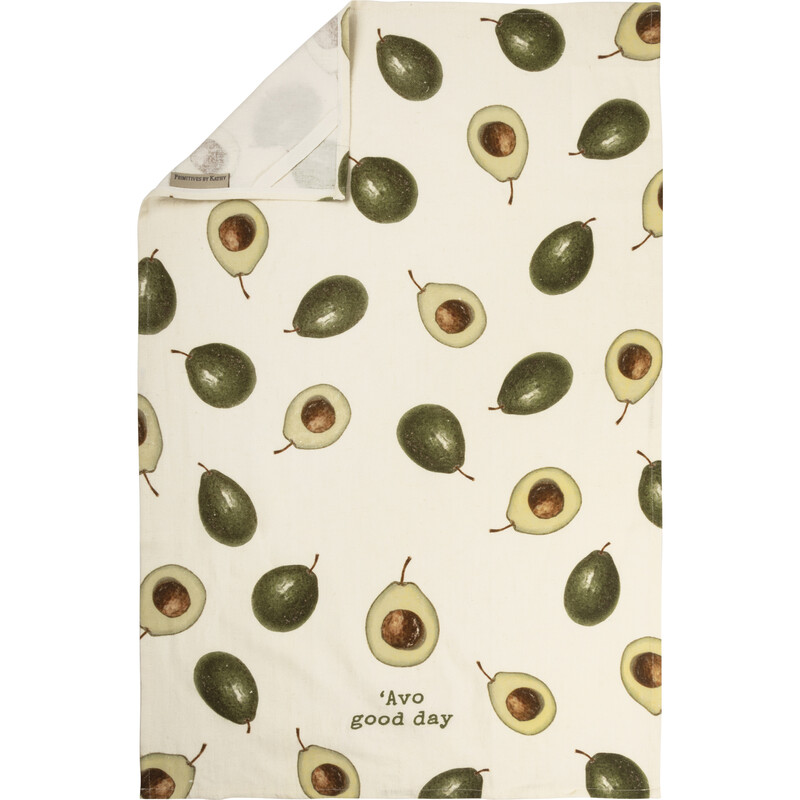Avo Good Day Towel, A cotton linen blend kitchen towel featuring all-over retro style avocado designs and punny embroidered 'Avo Good Day sentiment. Features a cotton tape loop in the corner for easy hanging. Machine-washable. Towel is packaged on a cardboard hanger with a hole to easily hang on rack.
Dimensions: 18 x 28
Material: Cotton, Linen
UPC:: 190134089788
Artist:: Annie Schickel
Product Text:: AVO GOOD DAY