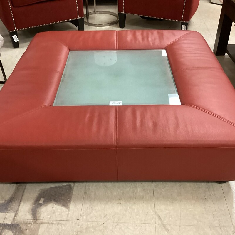 Sq Red Leather Ottoman, Red, W/ Glass
43 in Square x 12 in Tall