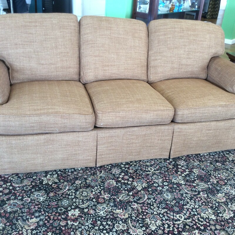 This is a Chestnut Woven Linen Sherrill 3 seater Sofa. This Sofa also has arm covers and a skirted bottom.