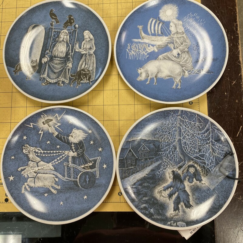 4x Norse Gods Plates, Blue/Wht, Size: 7 Inch