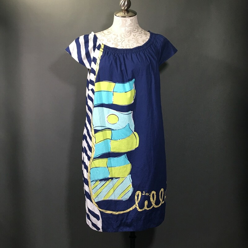 Lilly Pulitzer Navy  Flag Shift, Pattern, Size: M
navy aqua nad yellow cotton shift lined.
8.3 oz