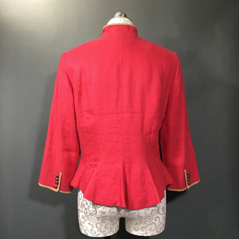 Ralph Lauren, Coral, Size: 14
Ralph Lauren short waist linen \"band or military\" style jacket, neru collar with gold trim, 11 brass button front, gold trim on cuffs and 4 brass button detail. Fully lined.

1 lb 4.5 oz