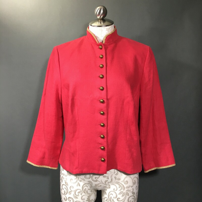 Ralph Lauren, Coral, Size: 14
Ralph Lauren short waist linen \"band or military\" style jacket, neru collar with gold trim, 11 brass button front, gold trim on cuffs and 4 brass button detail. Fully lined.

1 lb 4.5 oz