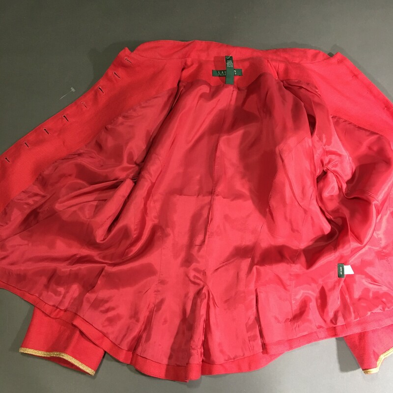 Ralph Lauren, Coral, Size: 14<br />
Ralph Lauren short waist linen \"band or military\" style jacket, neru collar with gold trim, 11 brass button front, gold trim on cuffs and 4 brass button detail. Fully lined.<br />
<br />
1 lb 4.5 oz
