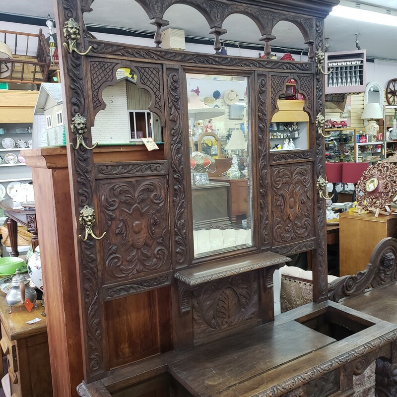 Antique Carved Hall Tree / Umbrella Stand. Solid Wood, Size: 44w x 15d x 82h<br />
1 Drawer, 6 Double hooks