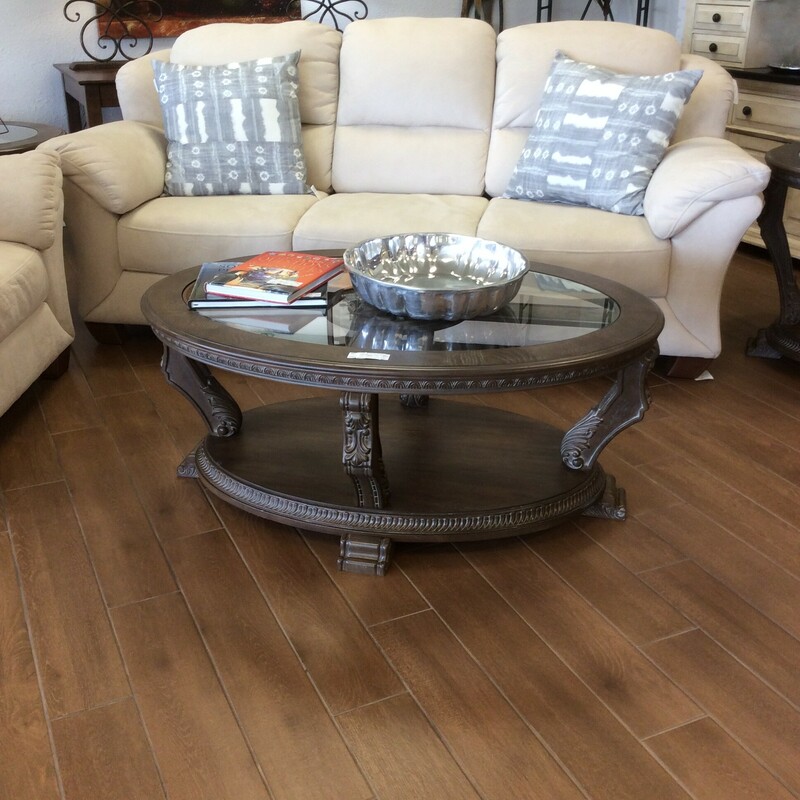 This is a Grey Weathered Glass Top Coffee Table and 2 End Tables. The Coffee Table and End Tables have a White Arch Detail Finish and Circled Detail Feet.