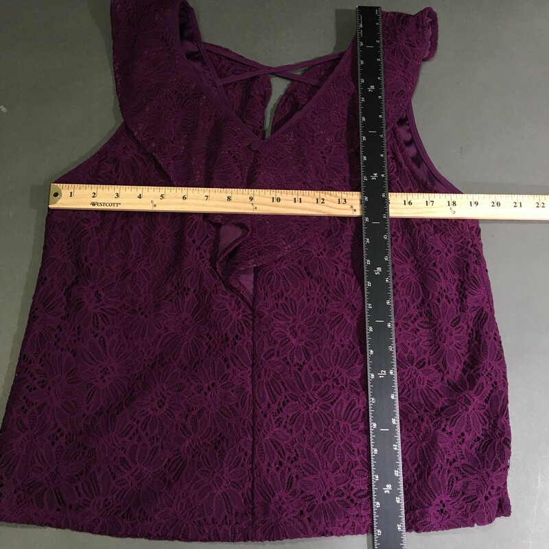 Skies Are Blue Lace, Purple, Size: XL<br />
 Lace Ruffle Blouse Sleeveless Top, criss cross back detail deep v, and v neck line. pullover<br />
 8.6 oz