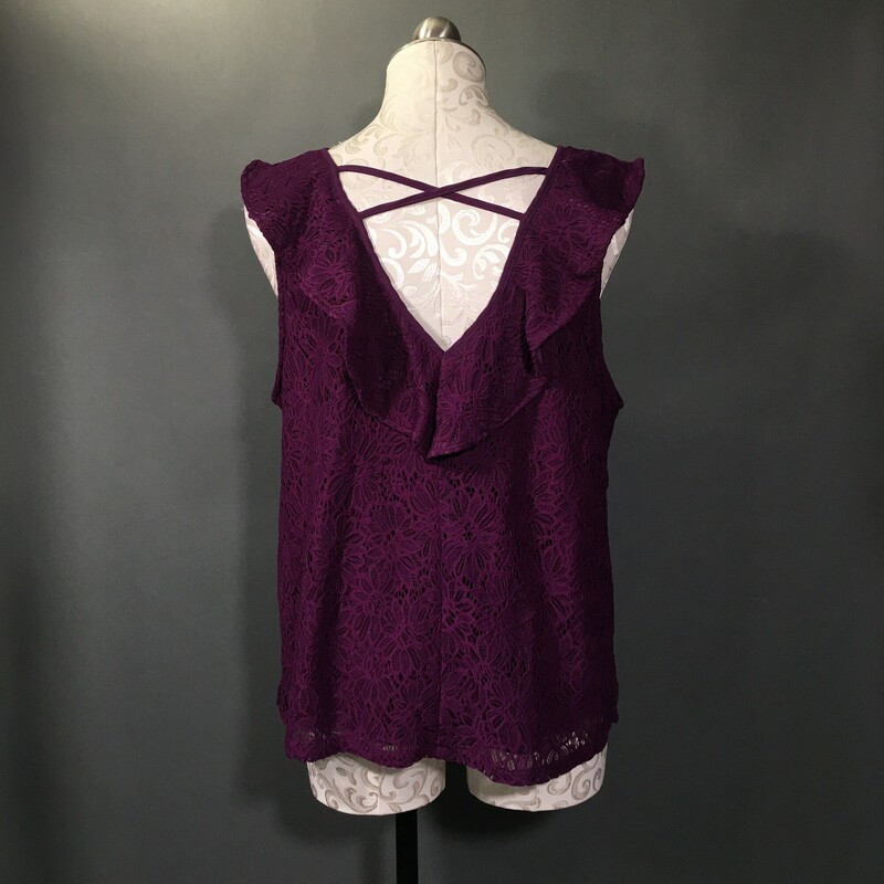 Skies Are Blue Lace, Purple, Size: XL
 Lace Ruffle Blouse Sleeveless Top, criss cross back detail deep v, and v neck line. pullover
 8.6 oz