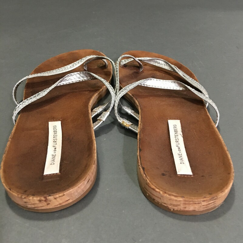 Diane Von Furstenberg, Silver, Size: 8  Adelia Braided Strap Flat Sandals -Silver Metallic slip on  toe strap sandals on a cork sole.<br />
Insole shows gently used good condition, sole is practucally unmarked..<br />
 9.7 oz