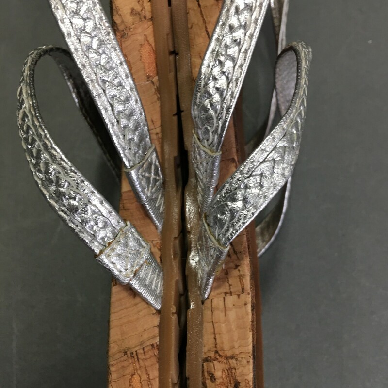 Diane Von Furstenberg, Silver, Size: 8  Adelia Braided Strap Flat Sandals -Silver Metallic slip on  toe strap sandals on a cork sole.
Insole shows gently used good condition, sole is practucally unmarked..
 9.7 oz
