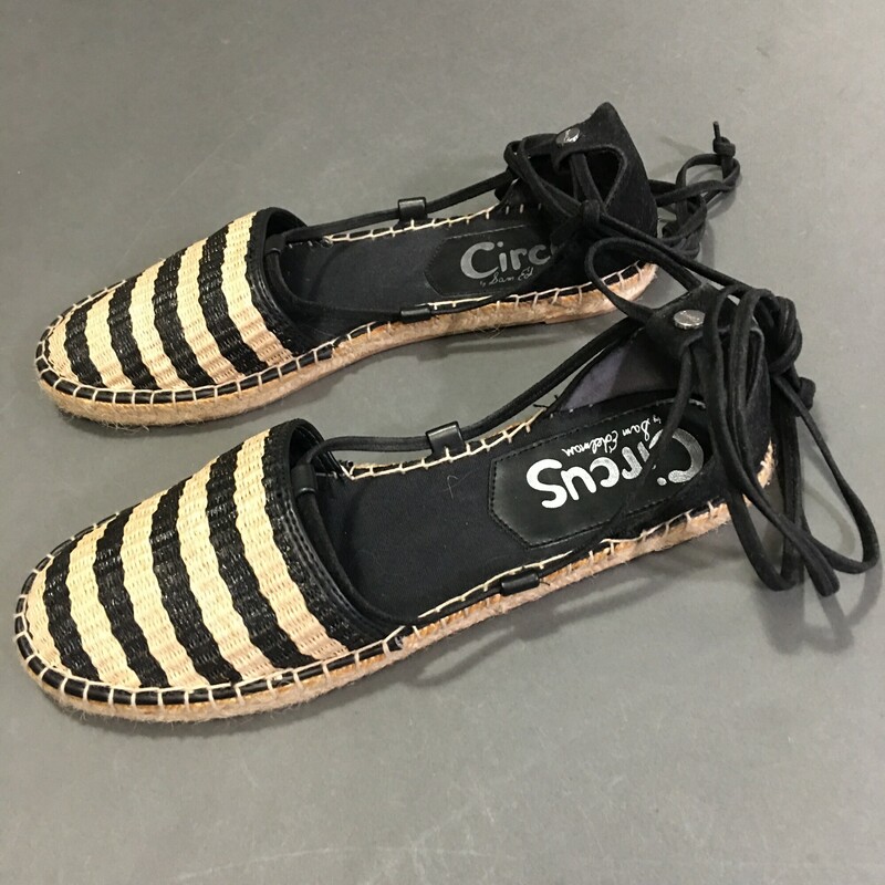 Circus Sam Edleman, Stripe, Size: 8 espadrill black and natural straw, neutral stiching with black rawhide leather ankle ties. Very clean condition outside and interior, soles show very little wear. Shoe is man-made synthetic material<br />
<br />
11.4 oz