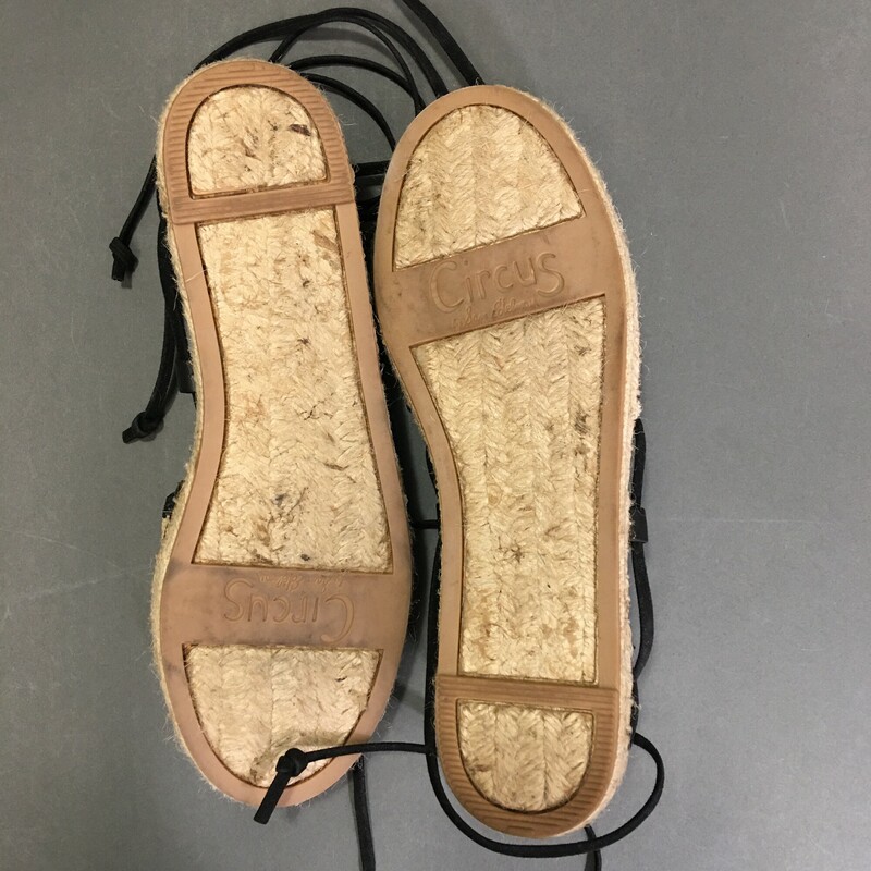 Circus Sam Edleman, Stripe, Size: 8 espadrill black and natural straw, neutral stiching with black rawhide leather ankle ties. Very clean condition outside and interior, soles show very little wear. Shoe is man-made synthetic material<br />
<br />
11.4 oz