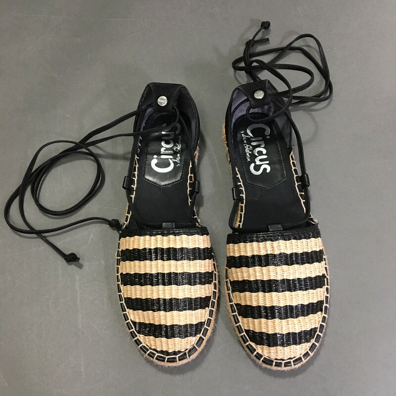 Circus Sam Edleman, Stripe, Size: 8 espadrill black and natural straw, neutral stiching with black rawhide leather ankle ties. Very clean condition outside and interior, soles show very little wear. Shoe is man-made synthetic material

11.4 oz