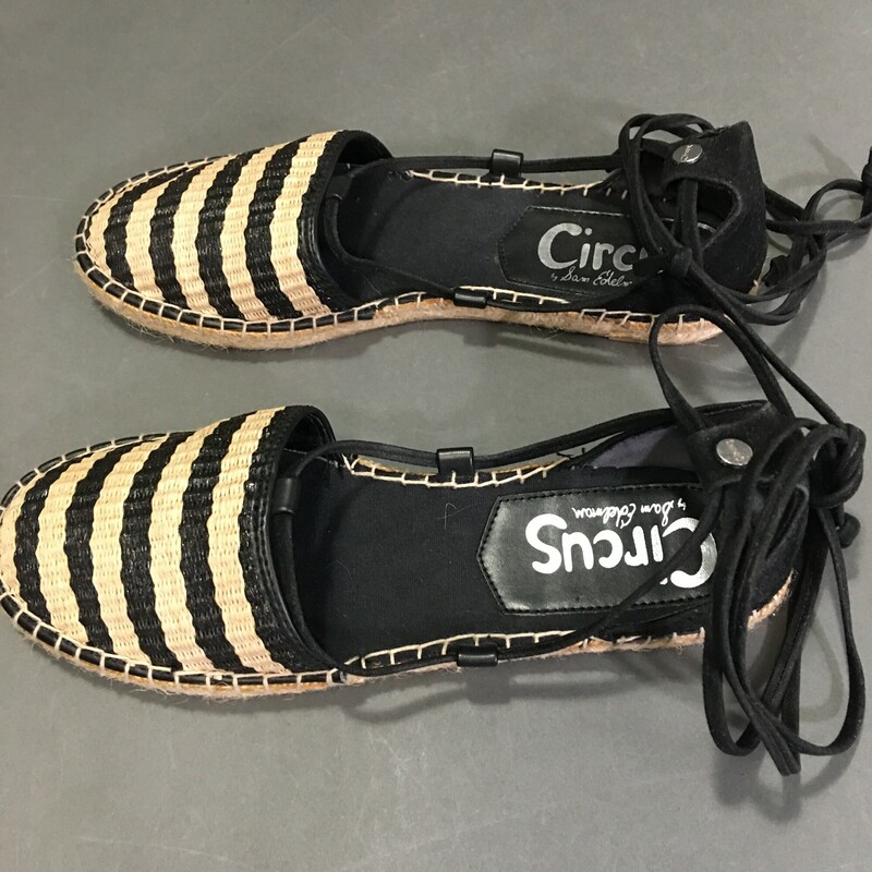 Circus Sam Edleman, Stripe, Size: 8 espadrill black and natural straw, neutral stiching with black rawhide leather ankle ties. Very clean condition outside and interior, soles show very little wear. Shoe is man-made synthetic material

11.4 oz