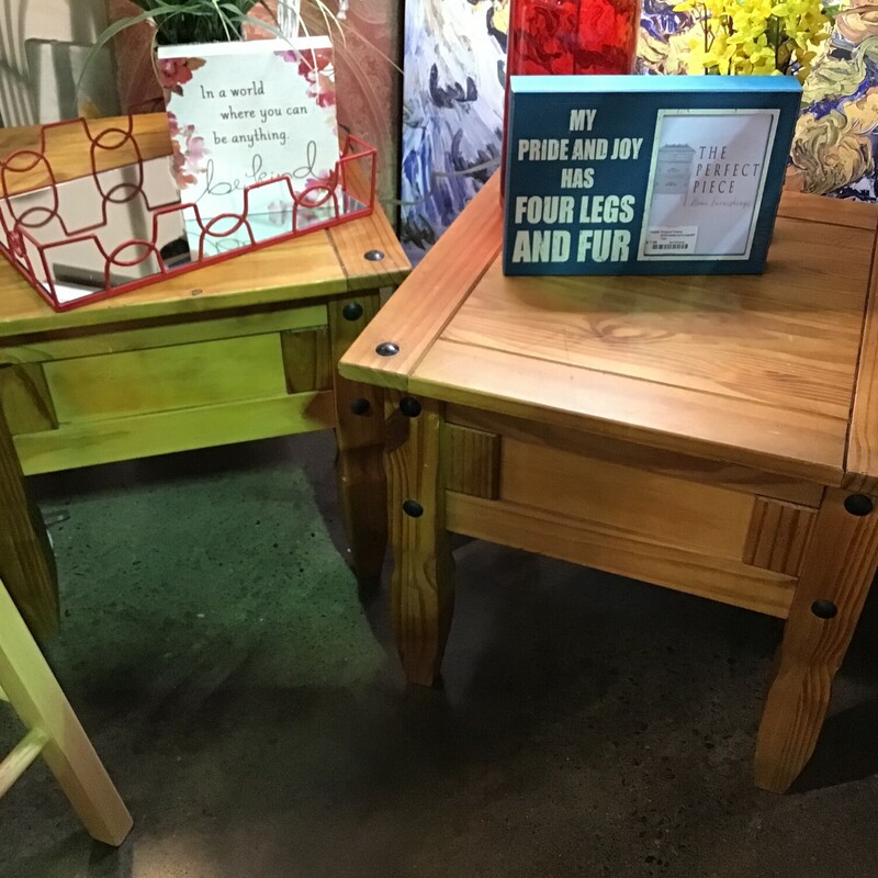 Rustic pine end tables or night stands
Sturdy legs with accents
Set of 2

Matches #145128
Dimensions: 23 x 23 x 21