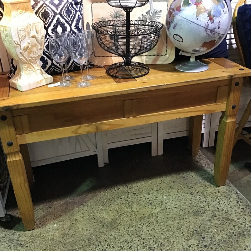 Rustic pine console table
Sturdy legs with accents

Matches #145129
Dimensions: 50x19x29
