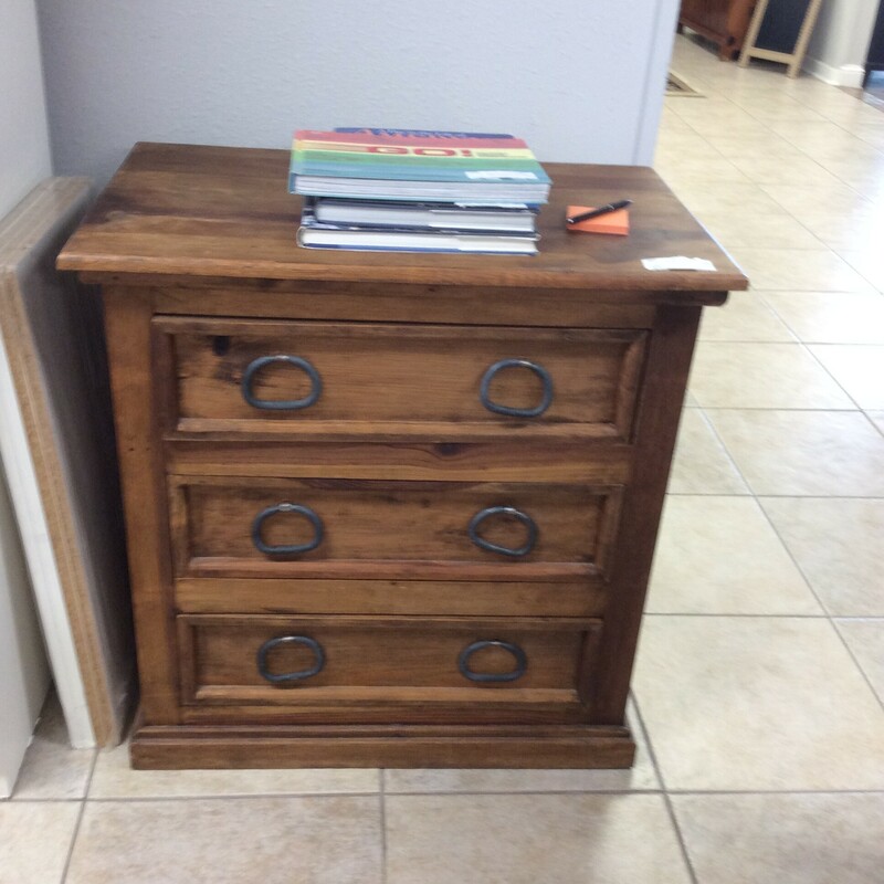 This is a beautiful Dark Stain Rustic Night Stand. This Night Stand has 3 drawers with Rod Iron handles.