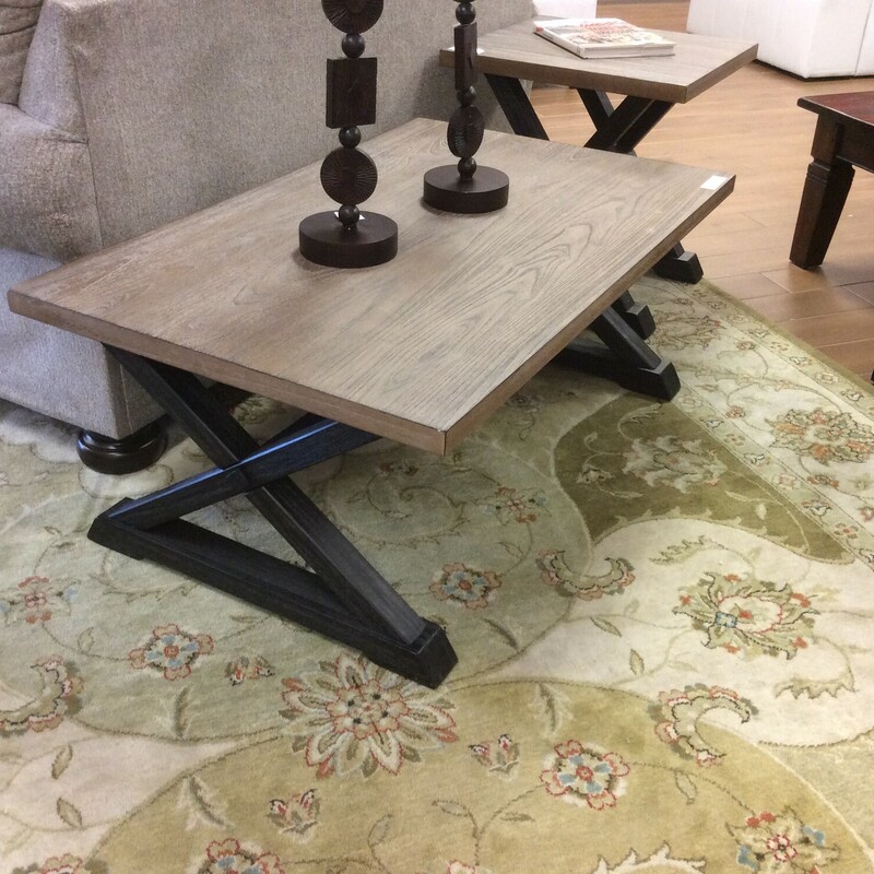 This is a Rustic, Weathered Light Brown Wood Coffee Table and End Table. Both Coffee Table and End Table have the Barn Door \"X\" Dark Stained Legs. These pieces come from Yaxin Furniture Company.