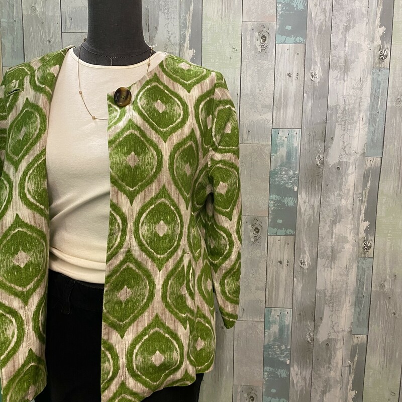 Chicos Blazer,<br />
Green and Tan<br />
Size: Medium<br />
<br />
This piece is gorgeous! Fantastic for a night out or a day in the office!