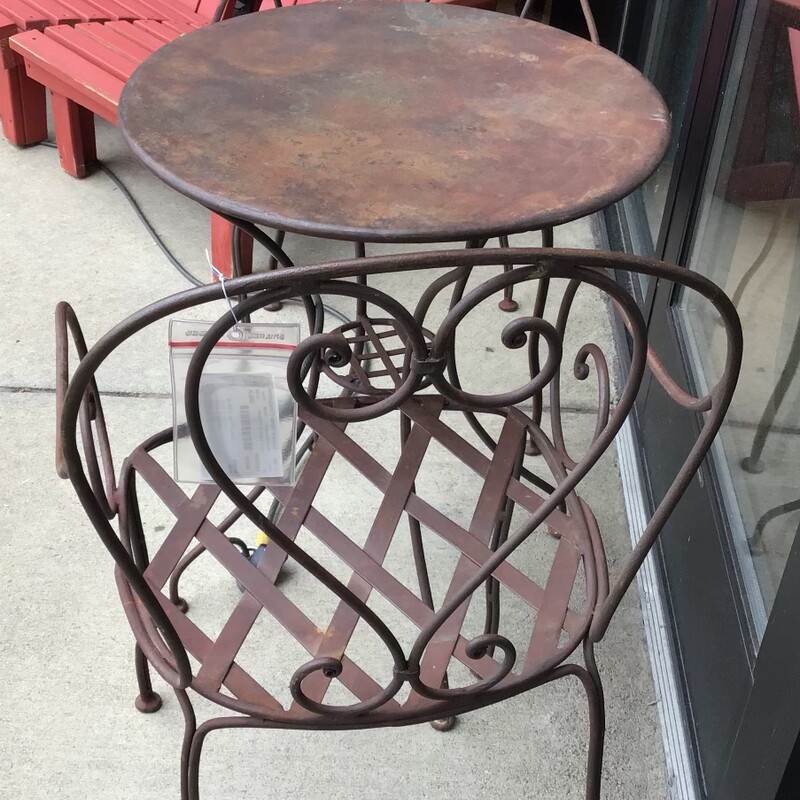Iron Table & 2 Chairs, Shelf, Round
Size: table- 24in diameter
Chairs: 22in x 21in x 36in