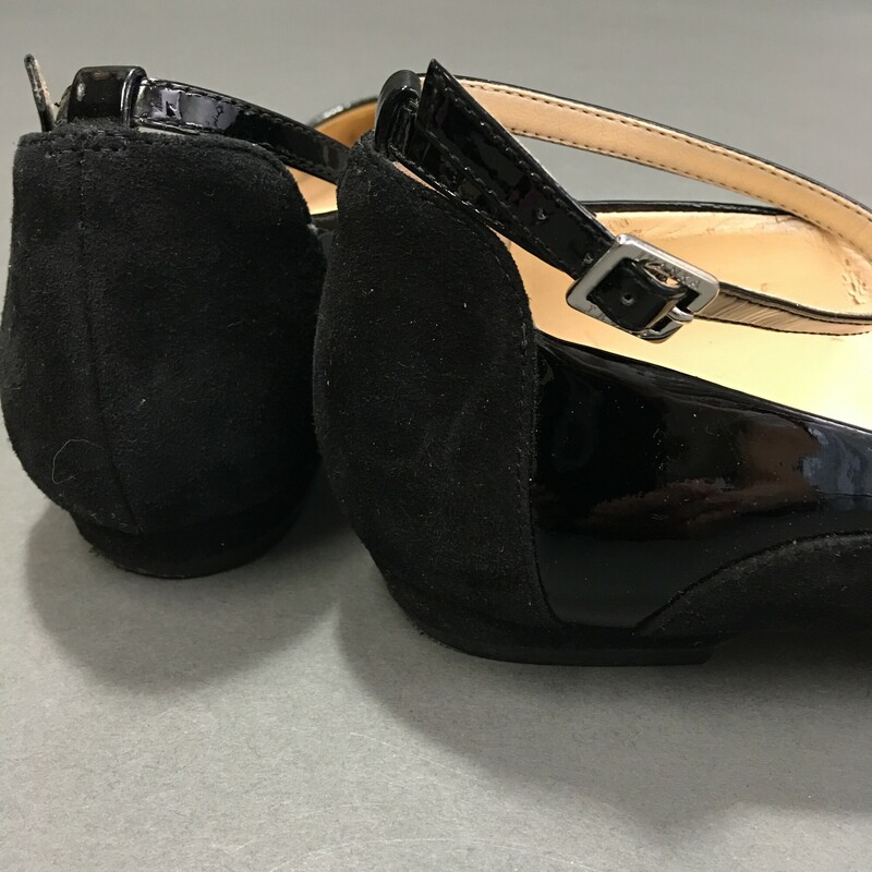 Ivanka Trump Luana Ankle Strap Flat Black, Size: 8 Shiny black patent leather ankle strap and upper, with black suede detail. Balance is man made materials, made in China.<br />
Soles show wear, exterior of shoe in good condition.<br />
15.8 oz