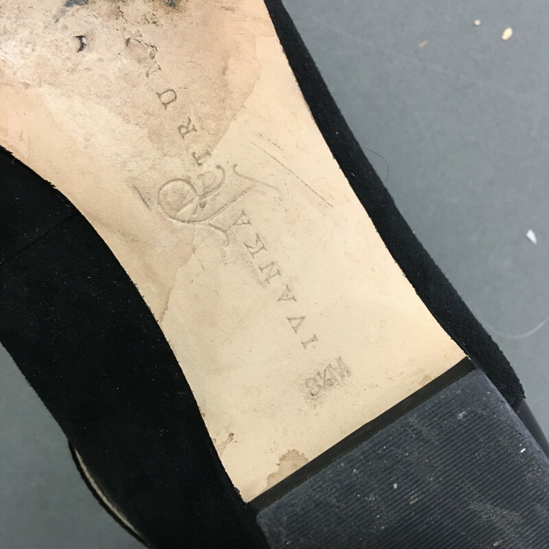 Ivanka Trump Luana Ankle Strap Flat Black, Size: 8 Shiny black patent leather ankle strap and upper, with black suede detail. Balance is man made materials, made in China.<br />
Soles show wear, exterior of shoe in good condition.<br />
15.8 oz