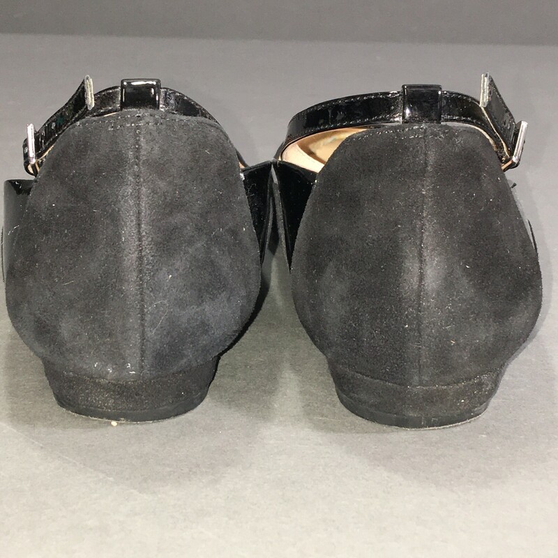 Ivanka Trump Luana Ankle Strap Flat Black, Size: 8 Shiny black patent leather ankle strap and upper, with black suede detail. Balance is man made materials, made in China.<br />
Soles show wear, exterior of shoe in good condition.<br />
15.8 oz