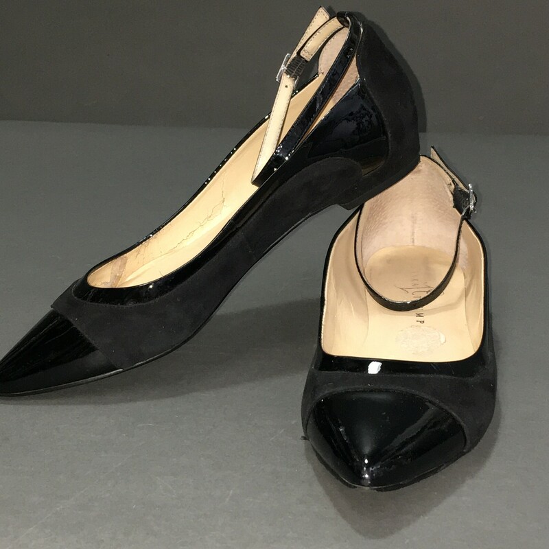 Ivanka Trump Luana Ankle Strap Flat Black, Size: 8 Shiny black patent leather ankle strap and upper, with black suede detail. Balance is man made materials, made in China.<br />
Soles show wear, exterior of shoe in good condition.<br />
15.8 oz