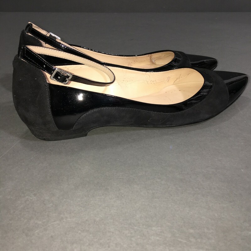 Ivanka Trump Luana Ankle Strap Flat Black, Size: 8 Shiny black patent leather ankle strap and upper, with black suede detail. Balance is man made materials, made in China.<br />
Soles show wear, exterior of shoe in good condition.<br />
15.8 oz