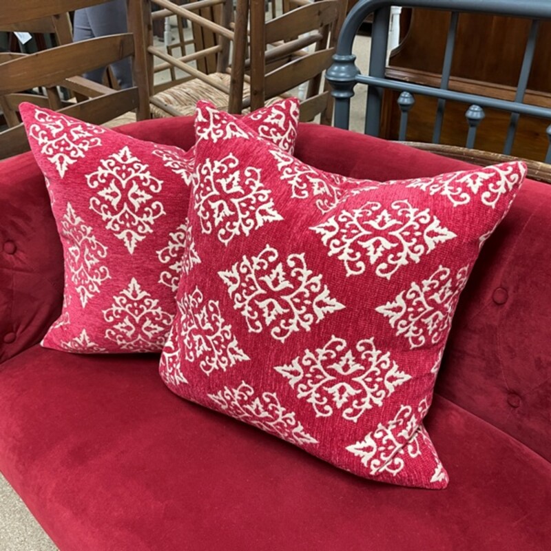 Red Patterned Pillows, Pair, Size: 18x18